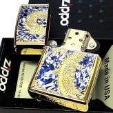 ZIPPO ライター 限定88個 レアナンバー [No.77] 一点物 廃盤 龍 ジッポ ドラゴン かっこいい 彫刻 金タンク ゴールド ブルー＆ホワイト シリアルナンバー入り 絶版 両面加工 竜 八 和柄 御守り メンズ ギフト プレゼント
