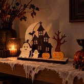 月夜のお化け屋敷　　国産紀州熊野檜・シナ ハロウィン かぼちゃ 飾り 置物 インテリア 木製 ナチュラル 大人 ギフト プレゼント コンパクト 省スペース リビング 玄関 男の子 女の子 可愛い