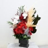 1点限定　アート作品　大輪ローズ×シンビジューム Red Elegance（レッド・エレガンス）のプリザーブドフラワー アレンジメント 送料無料 　誕生日や記念日ギフト,贈答品