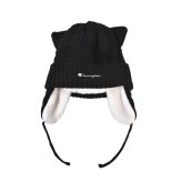 ニット帽 キッズ Champion チャンピオン 子供 女の子 子ども こども ジュニア ネコ耳 猫耳 耳当て 53cm 54cm 裏ボア リブ ニットキャップ 毛糸 帽子 耳付き ワッチ スポーツ ブランド 黒 ブラック パープル アイボリー ミント 無地 小学生 幼稚園 通学 通園 冬 防寒 洗える