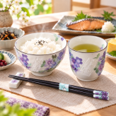 敬老の日 退職 名入れ SXX 食器セット 花工房 茶碗 & 湯呑 & 箸 お一人様3点セット / プレゼント ギフト 退職 記念 誕生日 古希 喜寿 長寿 祝い 70歳 77歳 紫 パープル 陶器