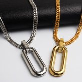 ステンレス オーバル ロングリンク 一コマ ペンダントネックレス シンプルネックレス 小ぶり ダブル喜平チェーン 細身 ゴールド 18KGP シルバー 図形 小さい メタル 幾何学 メンズ 男性 金属アレルギー対応