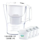ブリタ ポット型 浄水器 アルーナ 容量2.4L カートリッジ4個付き ろ過水容量1.25L  液晶メモ (交換目安:1日5.3L で4週間 ) 型番:KBALCW4M  サイズ(mm) : 奥行100 横幅249 高さ260mm 実用的