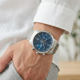 箱なし カシオ 腕時計 メンズ CASIO ブルー シルバー クロノグラフ カレンダー メタル 42mm 海外モデル 逆輸入 仕事 ビジネス カジュアル 誕生日 プレゼント ギフト 成人 卒業 入学