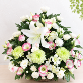 お供え花 お悔やみ 生花アレンジメント Lサイズ 高さ約45cm フラワーアレンジメント 供花 仏花 命日 お盆 お彼岸 法事 四十九日 一周忌 三回忌 枕花【送料別途・地域により異なります】【北海道・沖縄・九州・四国・中国・離島は配送不可】