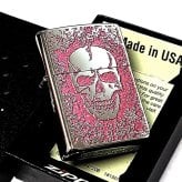 ZIPPO ライター スカル 細密メタル 両面加工 シルバー＆ピンク ジッポ ロゴ ドクロ 裏面柄違い 彫刻 ガイコツ おしゃれ かっこいい メンズ プレゼント ギフト