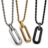 ステンレス オーバルネックレス ペンダント 3カラー レディース ロープチェーン 縦長 楕円 中空 モチーフ シンプル 上品 モード カジュアル 女性用 アクセサリー 首飾り シルバー ゴールド ブラック トレンド 個性的 人気