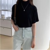 モックネックTシャツ 通販 半袖カットソー ドロップショルダー タートルネック ストレッチ素材 カジュアル 伸縮性 ゆるTシャツ 無地 シンプル 首元カバー 日よけ対策 プルオーバー 春夏秋 無地Tシャツ おしゃれ オシャレ