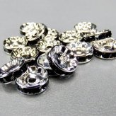 ラインストーンロンデルまとめ売り卸売り黒色銀平型10mm100個