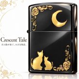 ZIPPO ライター ネコ ブラック ゴールド ジッポ 猫 可愛い 黒金 月 薔薇 女性 レディース ねこ かわいい おしゃれ バラ ギフト プレゼント