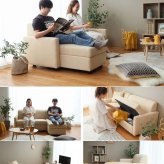 ソファ 座椅子 ー 収納付き カウチ 2人掛け ロー 収納 変形カウチ 丸み ファブリック オットマン ローリング式収納 おしゃれ 北欧 一人暮らし コンパクト クッション付き