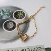ステンレス 可愛い ハートブレスレット 切り返し チェーンブレスレット お洒落 華奢 細身 ゴールド 18KGP ボールチェーン リンク キュート シンプル ワンポイント レディース 女性 金属アレルギー対応