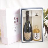 感謝の贈り物ボックス ドンペリ極上の泡と、芳醇な時間2本セット(井上酒造 麦焼酎 夢のひととき25度(大分県) 正規ドンペリニヨン白ワイン12.5度(フランス)) 300ml×1本 750ml×1本