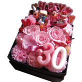 20歳 お祝い 20周年 記念日 ミッキー ミニー 花束風 ご希望数字入りプレゼント 箱を開けてサプライズ ボックス ピンクバラ プリザーブドフラワー入り