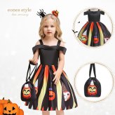 ハロウィン 衣装 子供ドレス 子供用 ハロウィンコスプレ 仮装 魔法使い 可愛い 魔女コスプレ コスチューム ワンピース ミモレ丈 コスプレ衣装 ドレス ハロウィン仮装 オレンジ ブラック カボチャ 女の子 3点セット 110 120 130 140 (WS015)