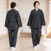 作務衣 デニム デニム作務衣 女性 PO-110 M/L レディース さむえ おしゃれ部屋着 ユニフォーム 通年  小さいサイズ 無地 紺 黒 青 春 秋 冬