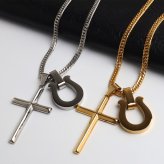 ステンレス 馬蹄ネックレス クロスネックレス ペンダント ホースシュー メタル ダブル喜平 細身 シンプル ゴールド シルバー 十字架 お洒落 かっこいい メンズ 男性 金属アレルギー対応