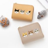 送料無料 BOX型コインケース付き L字ウォレット 【 3匹の猫 】 刺繍 本革 ミニ財布 ギフト