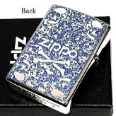 ZIPPO スカル 細密メタル シルバー＆ブルー ジッポ ライター 両面加工 彫刻 かっこいい ドクロ 裏面柄違い ガイコツ おしゃれ 青 メンズ プレゼント ギフト