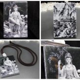 天然石4A黒ひすい本翡翠ジェダイト観音様景観画両面フロスト加工紐ネックレス