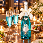卒業 退職 名入れ ギフト SXX スパークリングワイン シャンパン ラ・ヴァーグ・ブルー 750ml デコ仕上げ リボン・クリスタルハートチャーム付 レザー風BOX入り