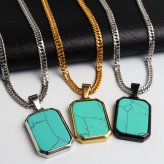 ステンレス ターコイズ ペンダントネックレス ストーンネックレス 小ぶり シンプル ダブル喜平チェーン 細身 ゴールド 18KGP シルバー ブラック メタル 小さい プレート 四角 長方形 幾何学 メンズ 男性 金属アレルギー対応