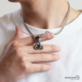 ステンレス スネークネックレス ヘビ ペンダントネックレス ダブル喜平チェーン 6面カット ごつめ シルバー 燻し アニマル ユニーク リアル 鱗 赤目 メンズ 男性 金属アレルギー対応