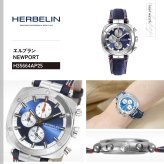 エルブラン HERBELIN ニューポート NEWPORT 42mm 腕時計 メンズ クオーツ クロノグラフ H35664AP25 クッション スクエア HERITAGE 革ベルト ネイビー