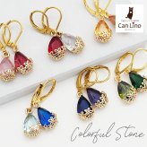 ピアス 金属アレルギー サージカルステンレス フープ 落ちない 引っかからない 外れにくい フック 花かごつき しずく型 カラフル ガラスストーン 全12色