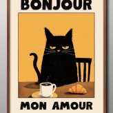 日本製 黒猫 ネコ コーヒータイム BONJOUR MON AMOUR A3 サイズ ポスター アート おしゃれ 絵画 インテリア 北欧 イラスト マット紙 艶消し アートパネル 額 フレーム デザイン 壁掛け ギフト 新築祝い ディスプレイ  速達 送料無料