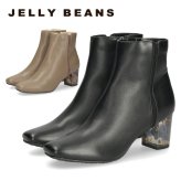 ジェリービーンズ ショートブーツ レディース サイドジップ クリアヒール スクエアトゥ フラワー 太ヒール ６cmヒール JELLYBEANS 204-66124 ブラック 黒 ベージュ