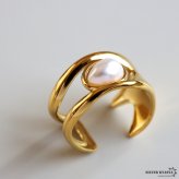 ステンレス 一粒 パールリング ゴールドリング ワイドリング 幅広 ゴールド 18K GP フリーサイズ レディース 女性 指輪 金属アレルギー対応