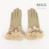 手袋 レディース かわいい おしゃれ 暖かい 冬 防寒 あったか スマホ対応 リボン サテン ファー グローブ プレゼント【LALUICE ラルイス】