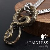 ステンレス スネークネックレス ヘビ ペンダントネックレス ダブル喜平チェーン 6面カット ごつめ ゴールド シルバー 燻し アニマル ユニーク リアル 鱗 メンズ 男性 金属アレルギー対応