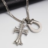 ステンレス 馬蹄ネックレス クロスネックレス ペンダント ホースシュー メタル キラキラ ダブル喜平 細身 シンプル シルバー 十字架 お洒落 ストーン かっこいい メンズ 男性 金属アレルギー対応