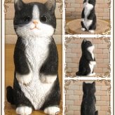 猫　置物 リアル　シンお願いキャット　４　ハチワレ　ネコ　動物オブジェ　ガーデン　オーナメント　店舗　カウンター　装飾　オブジェ　インテリア　玄関先　庭　ねこ好きさん人気ギフト　動物人気ギフト　クリスマスプレゼント　お誕生日祝い　母の日人気　父の日人気　敬老の日人気
