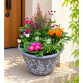 季節の寄せ植え リーフ柄 軽量プラスチック鉢 内径24cm  （グレー・4色展開）６～7種類のお花で構成 ラッピング不可 ギフトメッセージOK