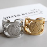 ステンレス 聖ベネディクトリング ワイドリング メタルリング オープンリング ゴールド シルバー 指輪 重厚感 太め 大きめ 存在感 お洒落 幾何学 個性的 キリスト クロス 十字架 レディース 女性 金属アレルギー対応