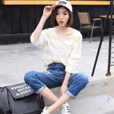  ダメージ デニム ジーンズ クラッシュ 9分丈 ロールアップ シンプル カジュアル ボーイッシュ 韓国 韓流 春 夏 ブルー ネイビー レディース bottoms0013