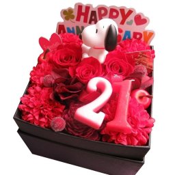 誕生日プレゼント 21歳 彼女 恋人 推し 娘 友達 友人 スヌーピーマスコット 花束風 ご希望数字入りプレゼント 箱を開けてサプライズ ボックス 赤バラ プリザーブドフラワー入り