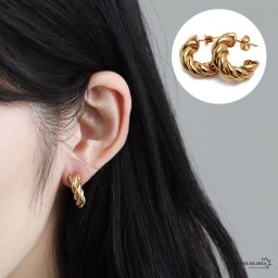 安心のステンレス素材 18k仕上げ ワイドピアス ゴールド ツイストピアス 大ぶり 太め ロープピアス ねじり 太めフープピアス 太幅 極太ピアス 両耳 2点セット イヤリング