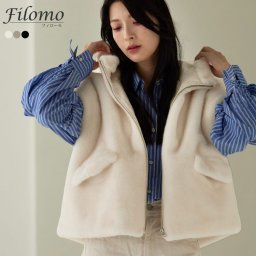 Filomo フェイクファー ベスト ミンク調 レディース フード付き ショート丈 ジップアップ アウター 秋冬 防寒 おしゃれ 無地 ベージュ グレー ブラック ギフト プレゼント (08000343r) バレンタイン 成人祝い