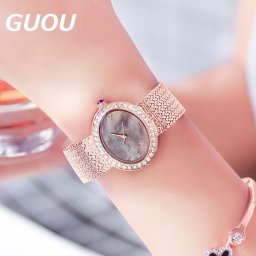 GUOU レディース 女性用 腕時計 時計 ウォッチ ラインストーン石使用クォーツ アクセサリー ラッピング無料 送料無料 かわいい おしゃれ ゴールド ブレスレット 旅行 イベント カジュアル 通勤 通学 楕円形 WG6026