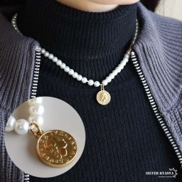 ステンレス コインネックレス パールネックレス ゴールド ホワイト 40cm 45cm 50cm 真珠 イタリア 硬貨 アンティーク ガラスパール 金属アレルギー対応 ペンダント