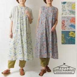 ＊【LITTLE MARKET リトルマーケット】コットン スクレフラワー ノースリーブ ワンピース (s4900-605-01)レディース 春 夏 Aライン フレア ゆったり 花柄 インド綿 スッキリ 体型カバー ナチュラル 服 おしゃれ 人気 30代 40代 50代 60代