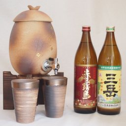 信楽焼・明山窯　焼酎サーバー　火色金小紋　2200ｃｃ(滋賀県)+萬古焼・備前金彩焼酎ペアカップ(三重県)+芋焼酎 赤霧島 三岳 900ml