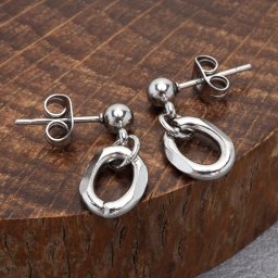 ステンレス素材 ドロップピアス シルバー silver レディース チェーンピアス 揺れる オーバル 4面カット あずきチェーン シンプル 金属アレルギー対応 両耳 イヤリング 女性