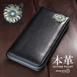 レザーウォレット メンズ コンチョ付き 長財布 本革 フラワーコンチョ 大容量 シンプル ビジネス カジュアル 男性