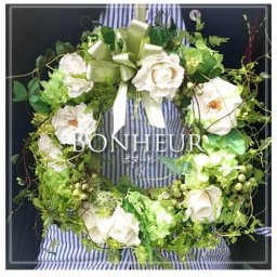リースブーケ　直径約19ｃｍ　プリザ ウェディングブーケ【ボヌール　～Bonheur～　幸福】ブートニア付き【ナチュラル プリザ ブリザード フラワー ギフト】送料無料！