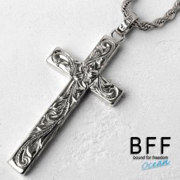BFF ブランド クロスネックレス シルバー 銀色 silver Lサイズ プルメリア 十字架 ハワイアンジュエリー ロープチェーン 彫金 手彫り 専用BOX付属